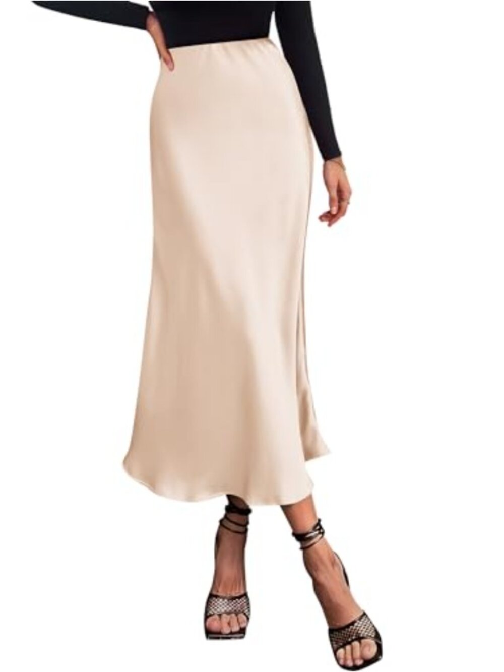 High Waist Midi Satin Skirt for Women A-Line Flowy Silk-like